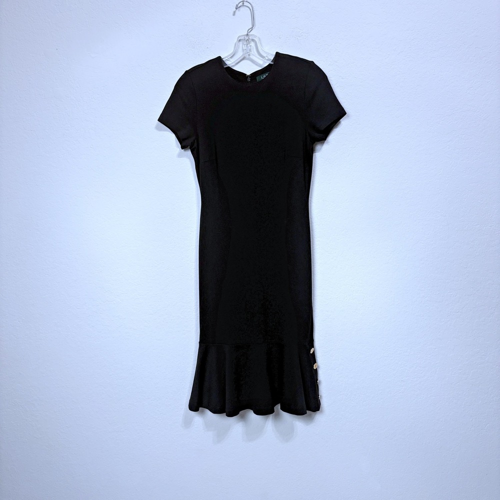 Lauren Ralph Lauren Flounce Gold Button-Trim‎ Ponte Midi Dress Black Women XS